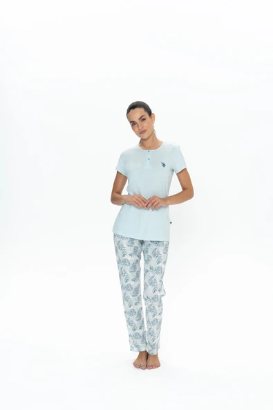 U.S. Polo Assn. Kadın Mavi Yarım Patlı Yaka Battal Pijama Takımı - ARSNO20C08J8-QB ürün görseli 1