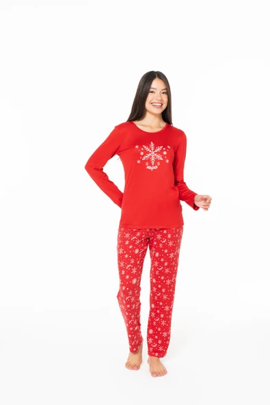 U.S. Polo Assn. Kadın Bisiklet Yakalı Yılbaşı Konseptli Pijama Takımı Kırmızı - Kırmızı - ARSNO20U15T1-SKIR ürün görseli 1