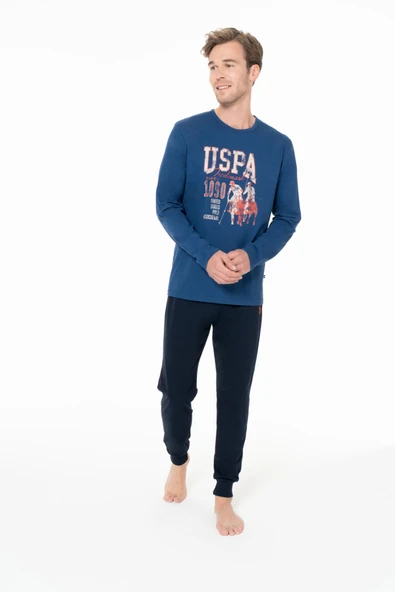 U.S. Polo Assn. Erkek Paça Lasiktli Baskılı İndigo %100 Pamuk Pijama Takımı - İndigo - ARSNO18O95H5-AIND ürün görseli 1
