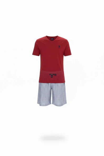Arseno Erkek %100 Pamuk Bisiklet Yaka Şortlu Çizgi Desenli Bordo Pijama Takımı - ARSNOBIYZ1G88O75-BRD ürün görseli 1