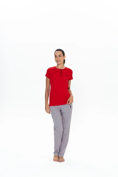 U.S. Polo Assn. U.S. Polo Assn. Kadın Desenli Yazlık Kırmızı Yarım Pat Pijama Seti - Kırmızı - ILC2.20D05H7PLIJ-KIR ürün görseli 1