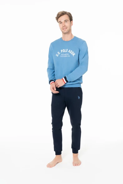 U.S. Polo Assn. Erkek %100 Pamuklu Bisiklet Yaka Mavi Ev Stil Pijama Takımı - Mavi - ARSNO18A94F3-KMAVI ürün görseli 1