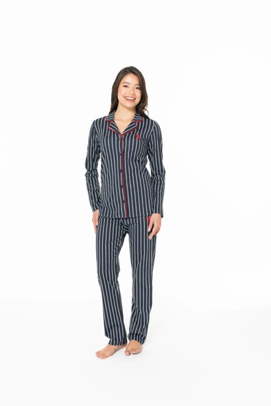 U.S. Polo Assn. Kadın Lacivert Beyaz Çizgili Düğmeli Pijama Takımı %100 Pamuk - Lacivert - ARSNO20M13D8-ULAC ürün görseli 1