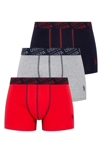 U.S. Polo Assn. Erkek Kırmızı Gri Melanj Lacivert Yazılı Logo Ekonomik 3'Lü Kutulu Boxer ürün görseli 1