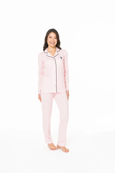 U.S. Polo Assn. Kadın Pembe Beyaz Çizgili Düğmeli Pijama Takımı %100 Pamuk - Pembe - ARSNO20H13T8-FPEM ürün görseli 1