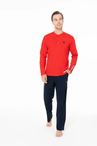 U.S. Polo Assn. Erkek Konforlu %100 Pamuk Yaka Düğmeli Kırmızı Pijama Takımı - Kırmızı - ARSNO18F95P9-ZKIR ürün görseli 1