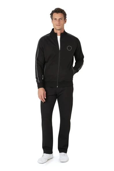 Pierre Cardin Erkek Pamuklu Kutulu Şerit Detaylı Siyah Rahat Eşofman Takımı - Siyah - ARSNOESAOFTMAMN7130-SI ürün görseli 1