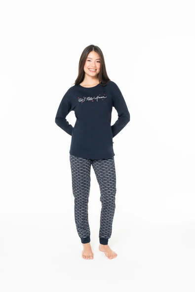 U.S. Polo Assn. Kadın %100 Pamuk Desenli Rahat Paça Lastikli Pijama Takımı Lacivert - Lacivert - ARSNO20Z14D7-HLAC ürün görseli 1