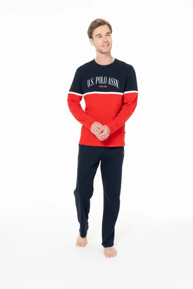 U.S. Polo Assn. Erkek Renk Bloklu Şerit Detaylı %100 Pamuk Kırmızı Ev Pijama Takımı - Kırmızı - ARSNO18X95Z2-BKIR ürün görseli 1