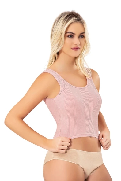 Arseno Kadın Çizgi Raporlu Stil Penye Kaşkorse Pedli Düz Crop Pudra 6'lı - Pudra - ARSNOKOM-6D80U8-PU ürün görseli 1