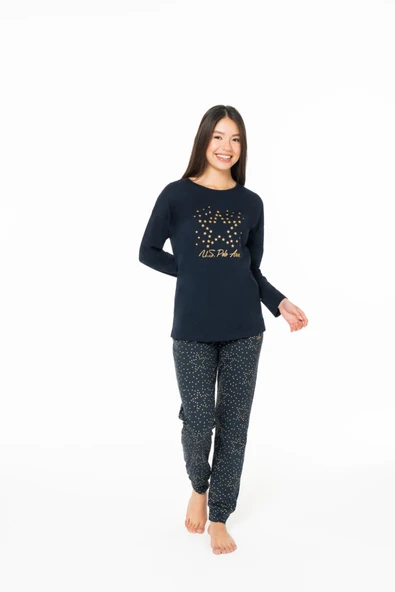 U.S. Polo Assn. Kadın %100 Pamuklu Yıldız Desenli Bisiklet Yaka Pijama Takımı Lacivert Lacivert - ARSNO20B16H3-NLAC ürün görseli 1