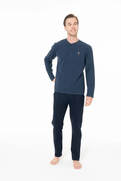 U.S. Polo Assn. Erkek Yaka Patlı Düz Paça İndigo Pijama Takımı - İndigo - ARSNO18X96Z6-BIND ürün görseli 1