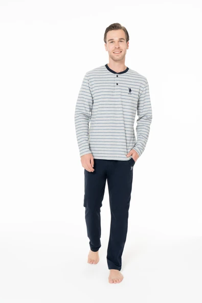 U.S. Polo Assn. Erkek Çizgi Detaylı Yaka Düğmeli Gri Ev Giyim Pijama Takımı - Gri - ARSNO18M96D4-UGRI ürün görseli 1