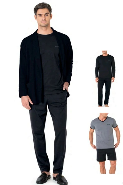 Pierre Cardin Erkek %100 Pamuk 5'li Çeyizlik Rahat Siyah Pijama Takımı - Siyah - ARSNOERQKGBECM5640-SI ürün görseli 1