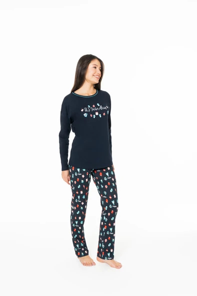 U.S. Polo Assn. Kadın %100 Pamuklu Düz Paça Desenli Lacivert Pijama Takımı - Lacivert - ARSNO20C16J7-QLAC ürün görseli 1