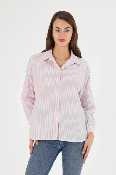 Arseno Kadın Pembe Çizgili Sırtı Düğme Detaylı Oversize Dokuma Gömlek - Pembe - ARSNO51I86V-7I5-PEM ürün görseli 1