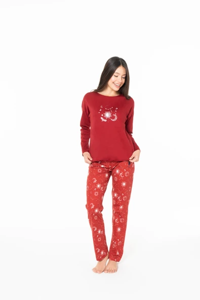 U.S. Polo Assn. Kadın %100 Pamuk Ay Desenli Pijama Takımı Düz Paça Bordo - Bordo - ARSNO20A15F5-KBOR ürün görseli 1