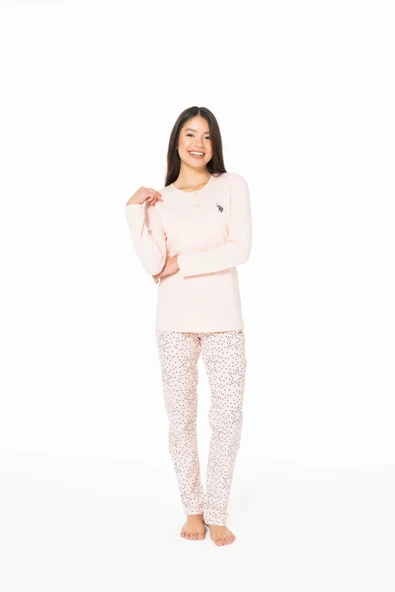 U.S. Polo Assn. Kadın %100 Pamuklu Yıldız Desenli Düğmeli Pijama Takımı Somon - Somon - ARSNO20G16R1-CSOM ürün görseli 1