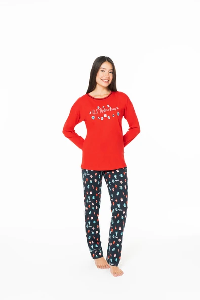 U.S. Polo Assn. Kadın %100 Pamuklu Düz Paça Desenli Kırmızı Pijama Takımı - Kırmızı - ARSNO20H16T7-FKIR ürün görseli 1