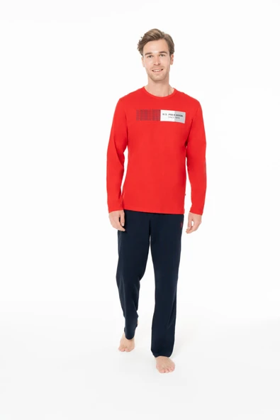 U.S. Polo Assn. Erkek Basic Baskılı Bisiklet Yaka Kırmızı Pijama Takımı %100 Pamuk - Kırmızı - ARSNO18L94B5-RKIR ürün görseli 1