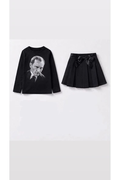 Arseno Kız Çocuk Siyah Atatürk Tshirt ve Siyah Etek Özel Gün Kostüm - Siyah - ARSNOSIIYAJHAKTATURK ürün görseli 1