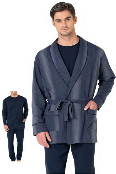 Pierre Cardin Erkek 3'lü Kutulu Çeyizlik Röpdöşambırlı Lacivert Pijama Takımı - Lacivert - ARSNOERKKGPECU5635-LAC ürün görseli 1