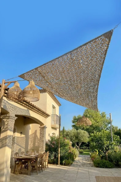 sizenelazım Lazer Kesim Kamuflaj Desen Üçgen Oxford Su İtici Kumaş Dekoratif Gölgelik 450cm x 450cm x 620cm ürün görseli 1