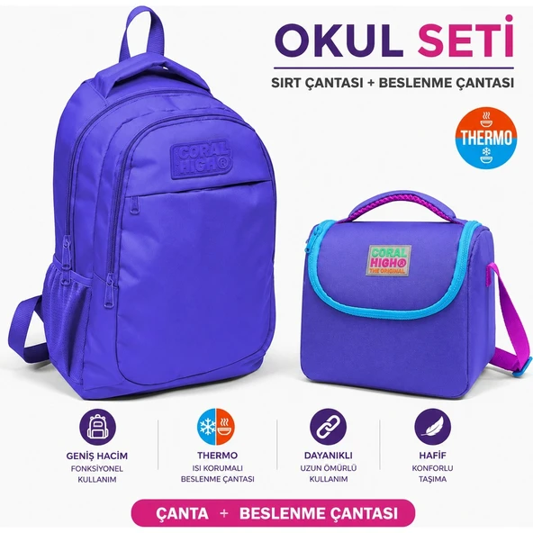 Lavanta Üç Bölmeli Okul Sırt Çantası 14402+PEMBE Thermo Beslenme Çantası 11703 ürün görseli 1