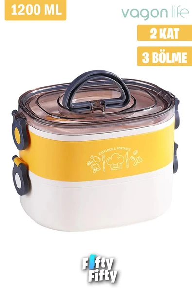 1200 ML İki Kat Üç Bölme Paslanmaz Çelik Bento Lunch Box Yeni Nesil Sefer Tası-ÇatallıKaşı ürün görseli 1
