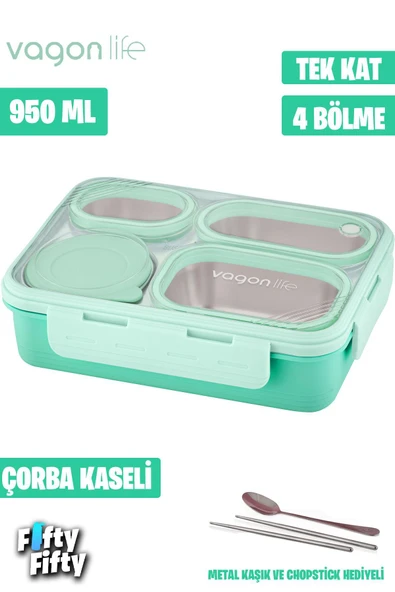 Lunch Box 950 ML Paslanmaz Çelik Tek Kat Dört Bölmeli Çorba Kaseli Metal Kaşıklı-FFLBOX709 ürün görseli 1