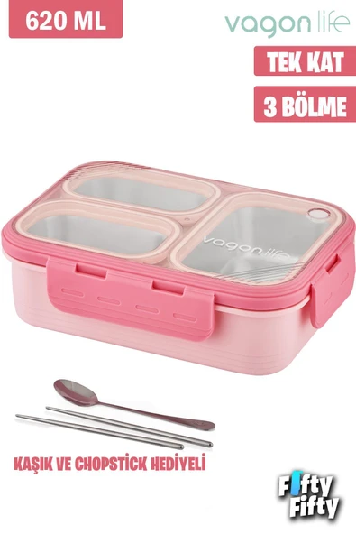 Lunch Box 620 ML Tek Kat Üç Bölmeli Metal Kaşıklı Yeni Nesil Sefer Tası-FFLBOX7097 ürün görseli 1