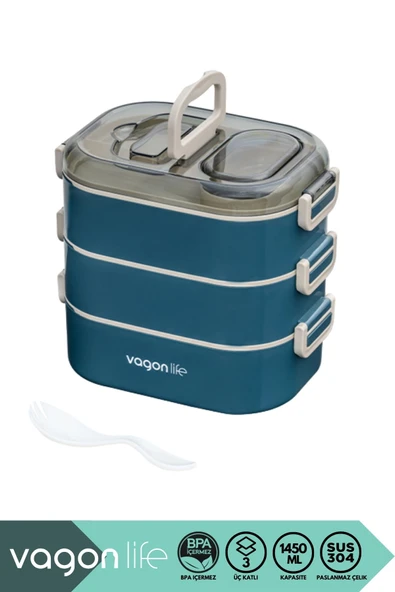 Bento 1450ml Lunchbox Yeni Koleksiyon Üç Katlı 5 Bölmeli Çelik Sefer Tası Yemek Kutusu ürün görseli 1