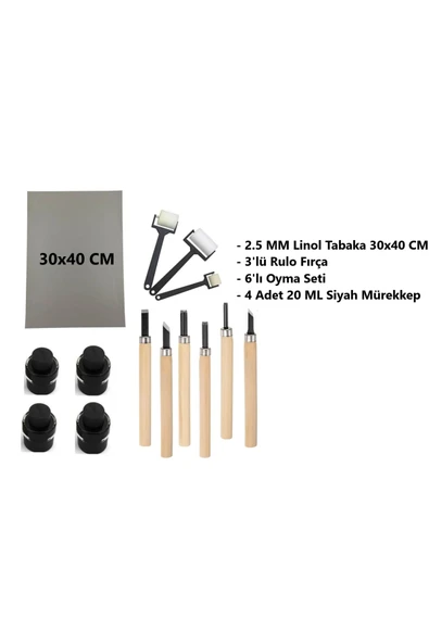 TİFOYS Linol Tabaka Levha 2.5 Mm 30x40 Cm , Siyah Mürekkep , 3'lü Sünger Rulo Merdane , 6'lı Oyma Seti ürün görseli 1