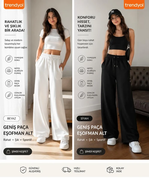 Kadın Geniş Paça Eşofman Altı Yüksek Bel Salaş Rahat Günlük & Spor Pantolon ürün görseli 1
