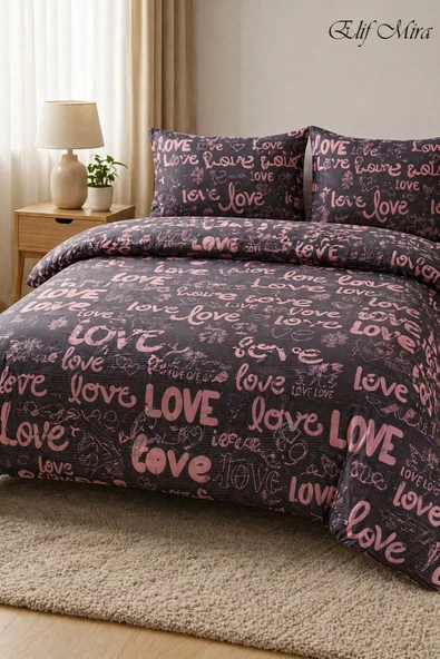 Çift Kişilik Lastikli Çarşaflı Nevresim Takımı  Love Desenli ürün görseli 1