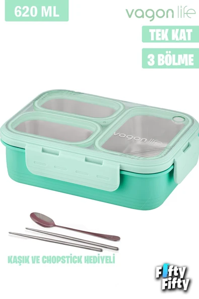 Lunch Box 620 ML Tek Kat Üç Bölmeli Metal Kaşıklı Yeni Nesil Sefer Tası-FFLBOX7097 ürün görseli 1