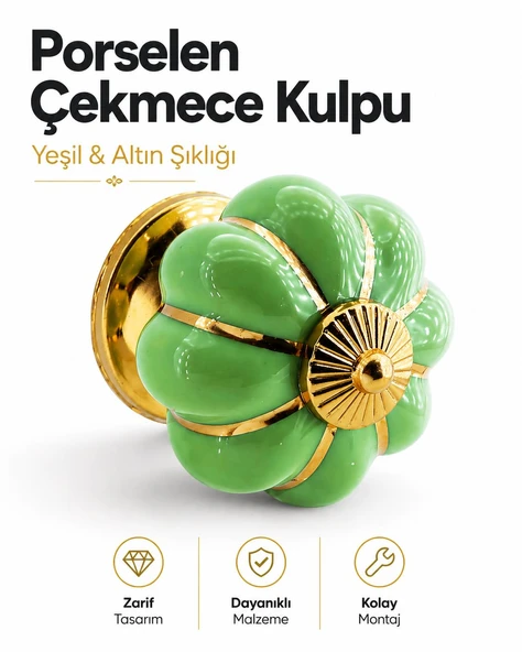 Yeşil Porselen Gold Metal Renk Düğme Kulp Mobilya Çekmece Dolap Kulpu Kulbu Kulpları (1 Adet) ürün görseli 1