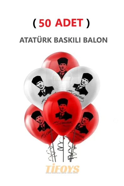 TİFOYS ( 50 Adet ) AtatürkBaskılı Lateks Balon Kırmızı Beyaz ürün görseli 1