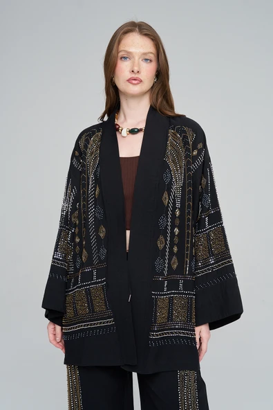 Kadın Özel Tasarım Boncuk İşlemeli Kimono ürün görseli 1