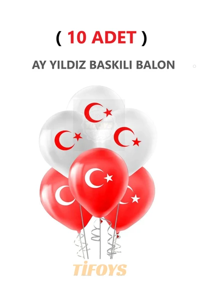 TİFOYS ( 10 Adet ) Ay Yıldız Baskılı Lateks Balon Kırmızı Beyaz ürün görseli 1
