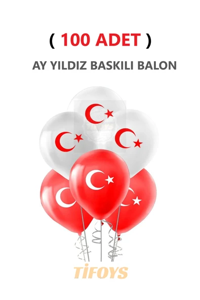 TİFOYS ( 100 Adet ) Ay Yıldız Baskılı Lateks Balon Kırmızı Beyaz ürün görseli 1