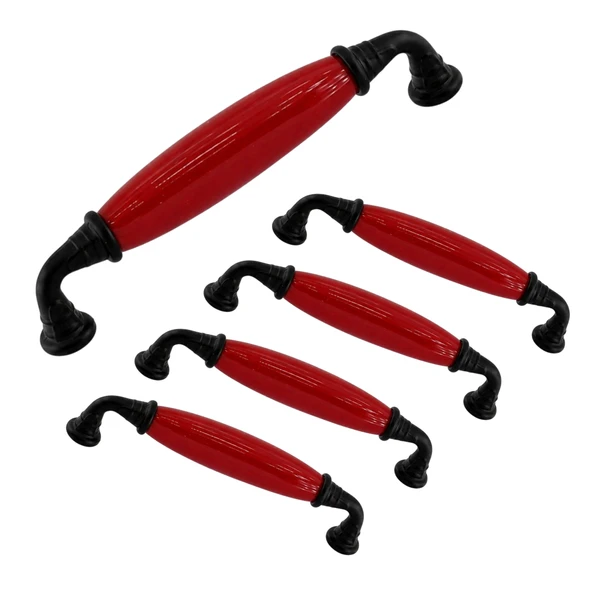 (5 Adet) Liko Kırmızı Porselen Siyah Kulp 128 mm 12.8 cm Mobilya Çekmece Dolab Dolap Kapak Kulb Kulp ürün görseli 1