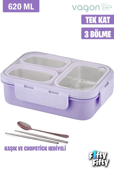 Lunch Box 620 ML Tek Kat Üç Bölmeli Metal Kaşıklı Yeni Nesil Sefer Tası-FFLBOX7097 ürün görseli 1