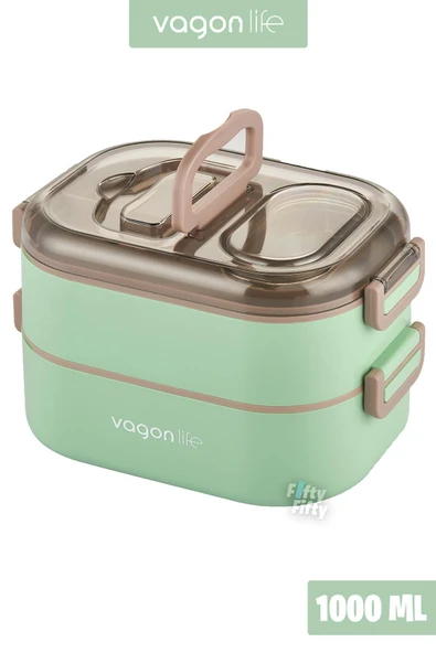 1000 ML İki Kat Üç Bölme Paslanmaz Çelik Bento Lunch Box Yeni Nesil Sefer Tası-Sos Kaseli ürün görseli 1