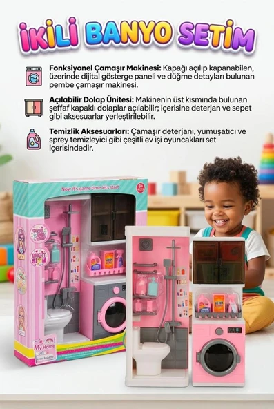 2'li Banyo Setim! Kapakları Açılan Çamaşır Makineli Duşakabinli ve Temizlik Malzemeli Oyuncak Seti ürün görseli 1