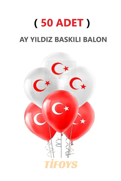 TİFOYS ( 50 Adet ) Ay Yıldız Baskılı Lateks Balon Kırmızı Beyaz ürün görseli 1