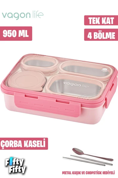 Lunch Box 950 ML Paslanmaz Çelik Tek Kat Dört Bölmeli Çorba Kaseli Metal Kaşıklı-FFLBOX709 ürün görseli 1