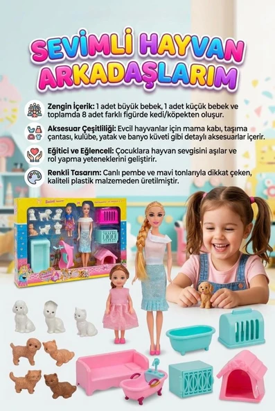 Sevimli Hayvan Arkadaşlarım! 13 Parçalı 2 Figür Bebekli Eklemleri Hareketli Evcilik Oyun Seti ürün görseli 1
