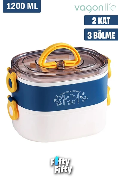1200 ML İki Kat Üç Bölme Paslanmaz Çelik Bento Lunch Box Yeni Nesil Sefer Tası-ÇatallıKaşı ürün görseli 1