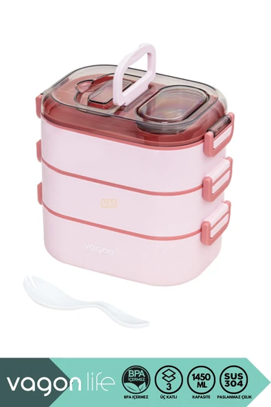 Bento 1450ml Lunchbox Yeni Koleksiyon Üç Katlı 5 Bölmeli Çelik Sefer Tası Yemek Kutusu ürün görseli 1